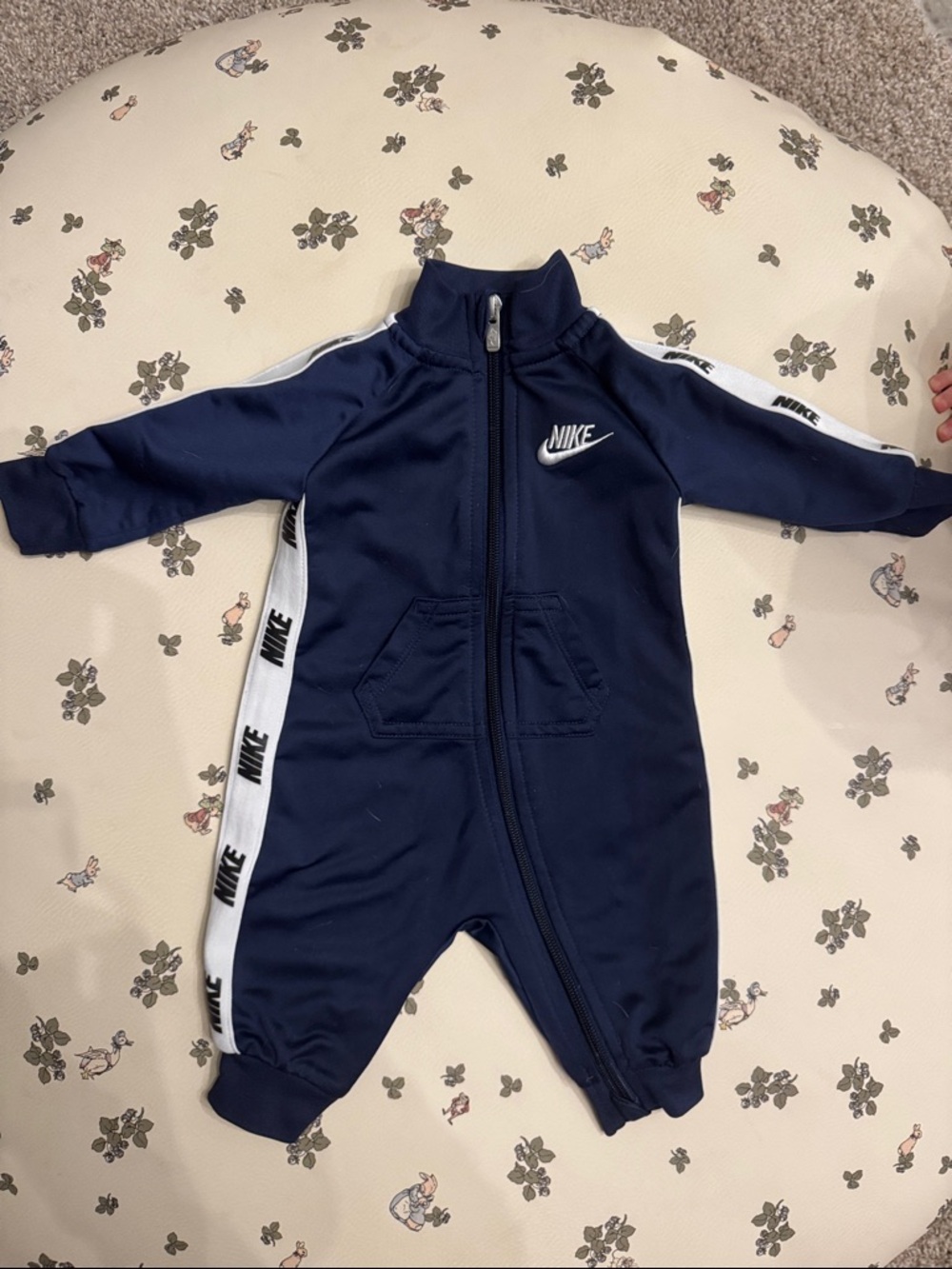 Nike Navy Blue Zip-Front Baby One-Piece Footie with White Trim
